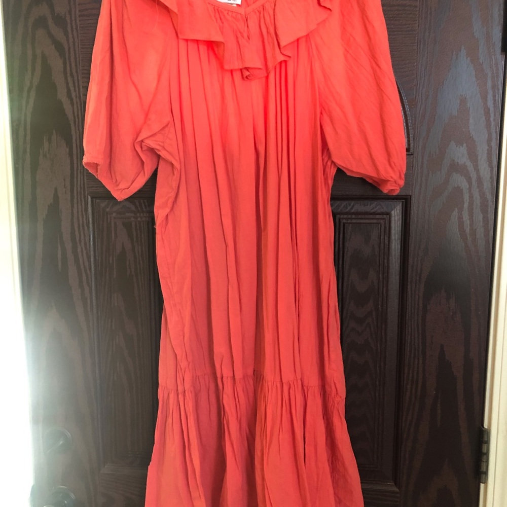 Sale! 100% cotton caftan style in bright coral. Short sleeves.,knee length.